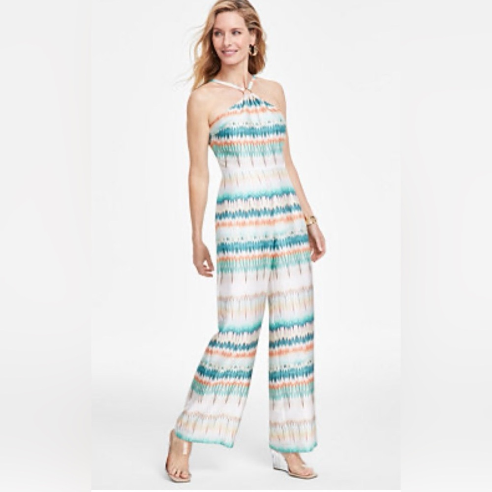 NWT INC Tie Dyed Halter Aztec Southwest Color Way Zip Back Wide Leg Jumpsuit